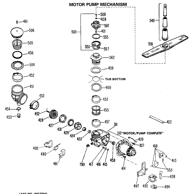 MOTOR PUMP MECHANISM Diagram and Parts List for HDB827G-01  Hotpoint Dishwasher