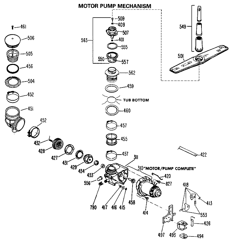MOTOR PUMP MECHANISM Diagram and Parts List for HDB727K-01  Hotpoint Dishwasher