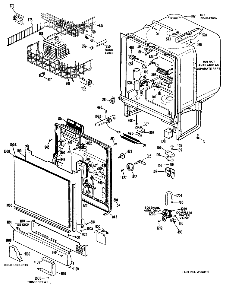 Section Diagram and Parts List for HDA1000K01  Hotpoint Dishwasher