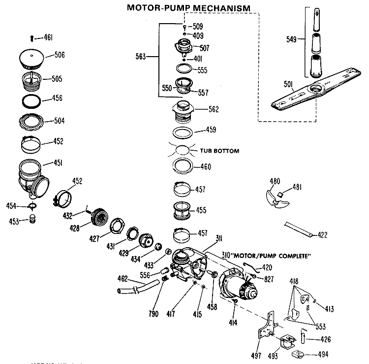 MOTOR - PUMP MECHANISM Diagram and Parts List for HDA497K-01  Hotpoint Dishwasher