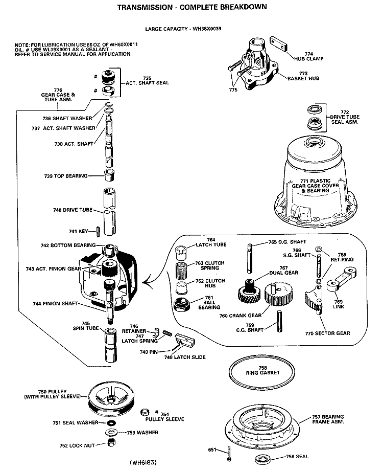 TRANSMISSION - COMPLETE BREAKDOWN Diagram and Parts List for WLW3750BAL  Hotpoint Washer