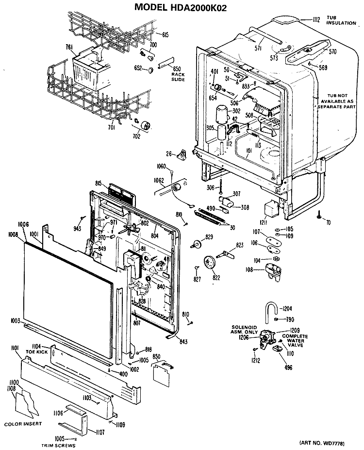 Section Diagram and Parts List for HDA2000K02  Hotpoint Dishwasher