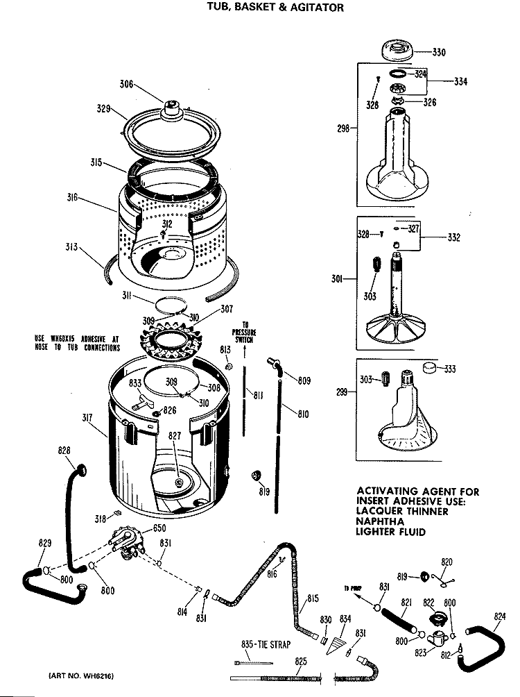 TUB, BASKET & AGITATOR Diagram and Parts List for WLW3000BNL  Hotpoint Washer