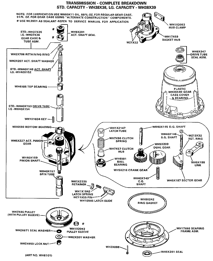 TRANSMISSION - COMPLETE BEARKDOWN Diagram and Parts List for WRW5705KAL  General Electric Washer