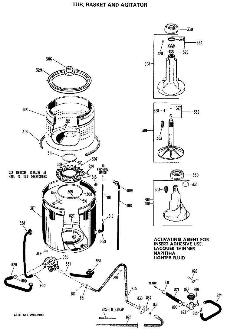 TUB, BASKET AND AGITATOR Diagram and Parts List for WRW5705KBL  General Electric Washer