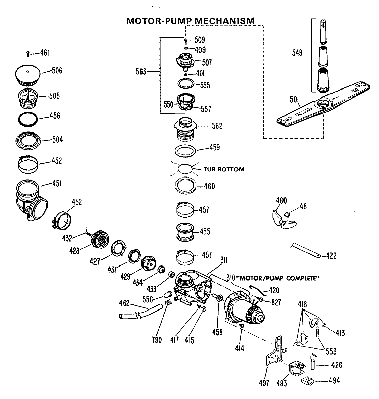 MOTOR - PUMP MECHANISM Diagram and Parts List for PSD460K-01  General Electric Dishwasher