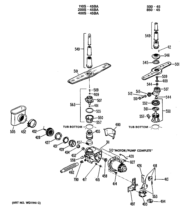 Section Diagram and Parts List for PSD110S-45BA  General Electric Dishwasher