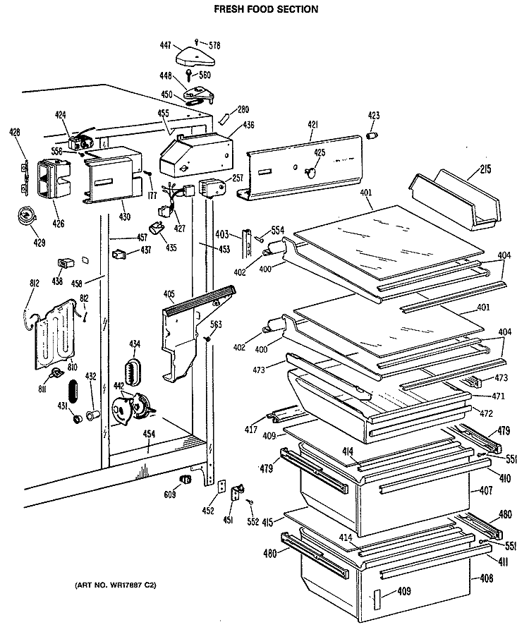 FRESH FOOD SECTION Diagram and Parts List for MSX27HRAWH  General Electric Refrigerator