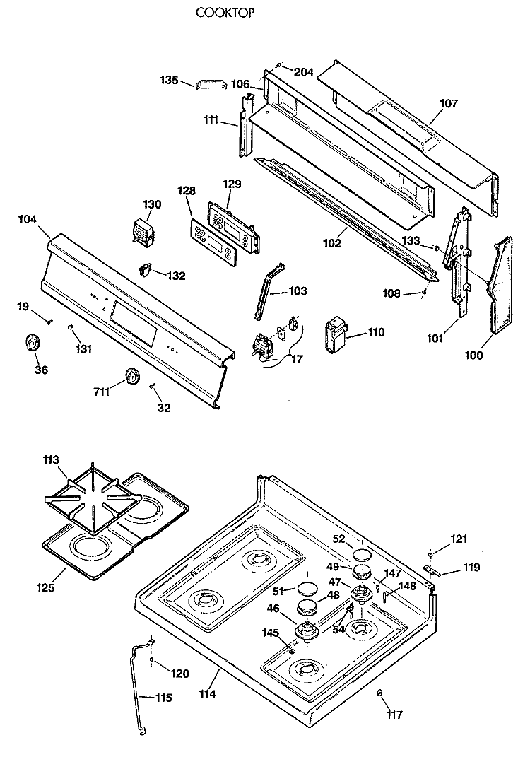 COOKTOP Diagram and Parts List for LGB336GET2WH  General Electric Range