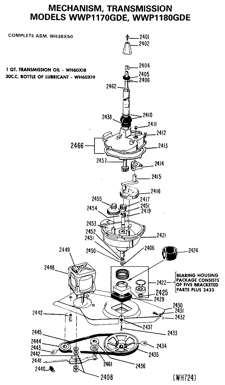 MECHANISM, TRANSMISSION Diagram and Parts List for WWP1180GDE  General Electric Washer