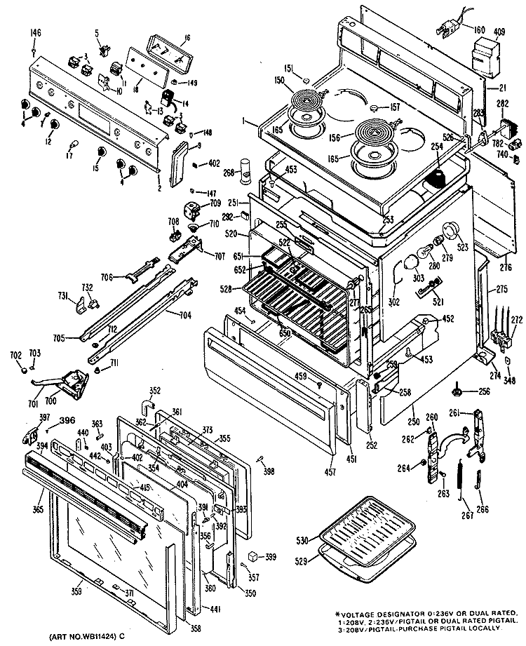 Section Diagram and Parts List for JBP26W*P1  General Electric Range