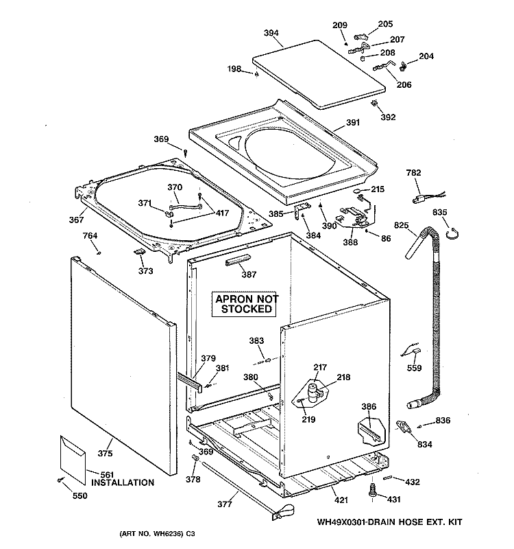 CABINET, COVER & FRONT PANEL Diagram and Parts List for WBXR1060T3AA  General Electric Washer