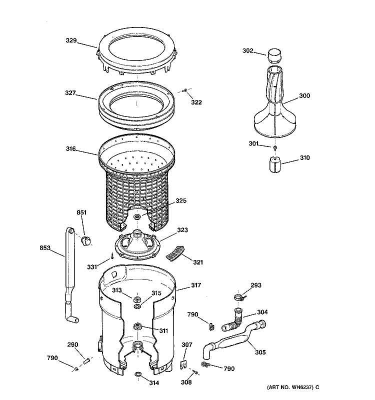 TUB, BASKET & AGITATOR Diagram and Parts List for WBXR1060T3AA  General Electric Washer