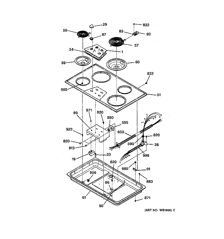 Section Diagram and Parts List for JP626WV1WW  General Electric Cooktop