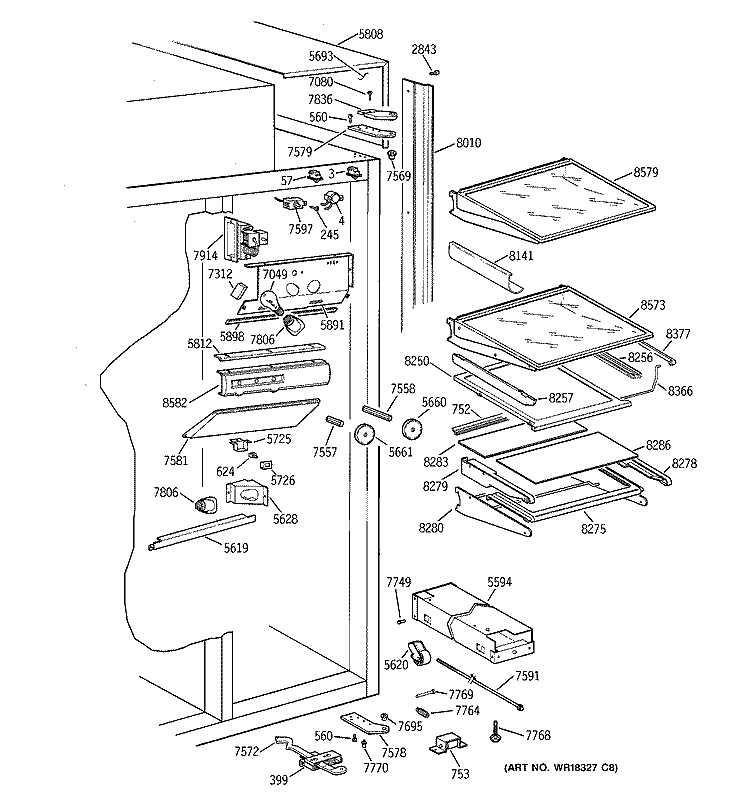 FRESH FOOD SECTION Diagram and Parts List for ZIS36NWA  General Electric Refrigerator