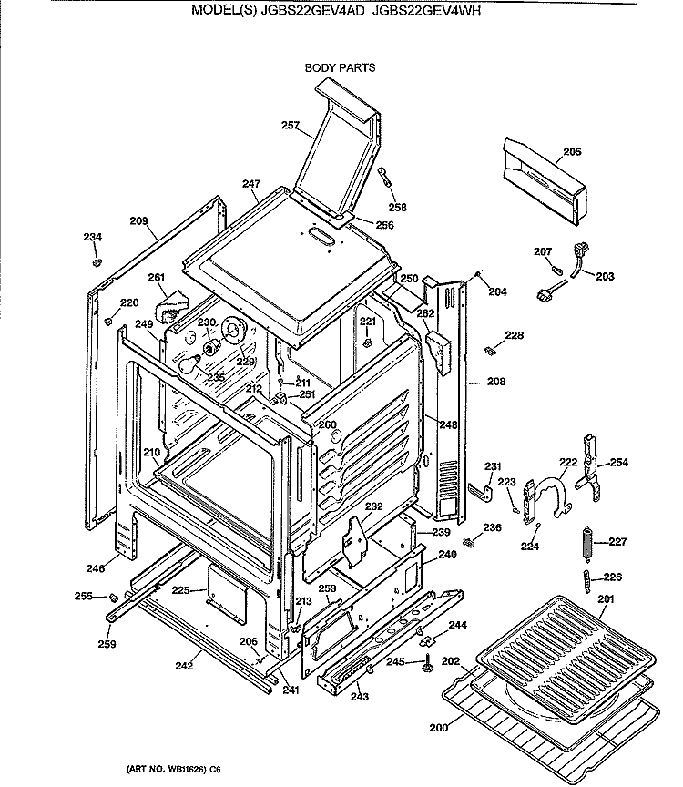 BODY PARTS Diagram and Parts List for JGBS22GEV4AD  General Electric Range