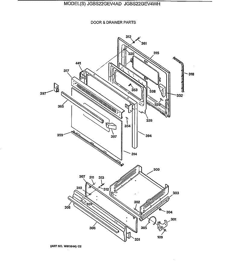 DOOR & DRAWER PARTS Diagram and Parts List for JGBS22GEV4AD  General Electric Range