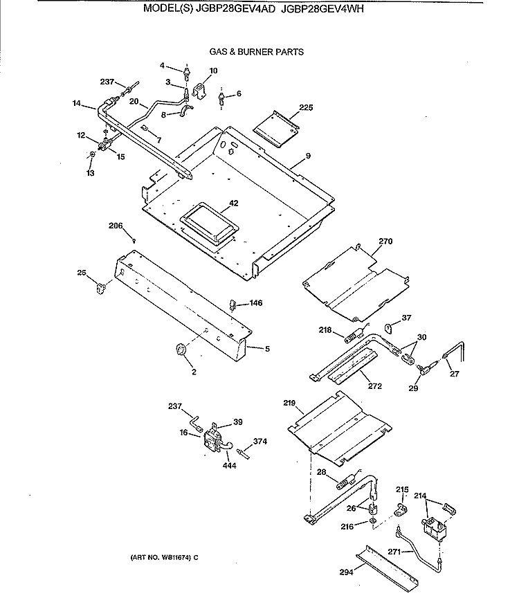 GAS & BURNER PARTS Diagram and Parts List for JGBP28GEV4WH  General Electric Range