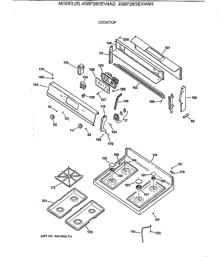 COOKTOP Diagram and Parts List for JGBP28GEV4WH  General Electric Range