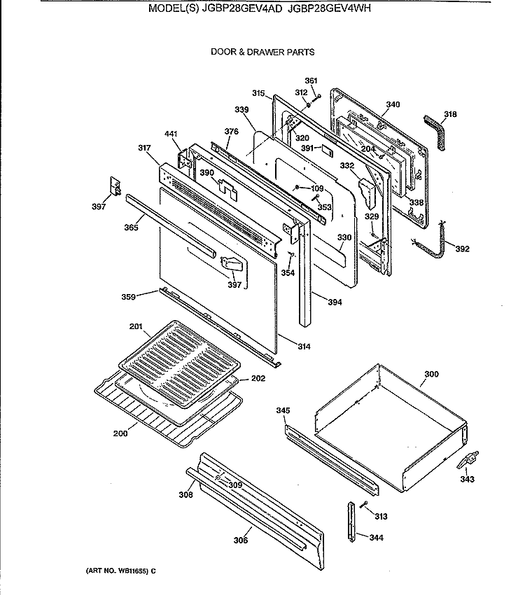 DOOR & DRAWER PARTS Diagram and Parts List for JGBP28GEV4WH  General Electric Range