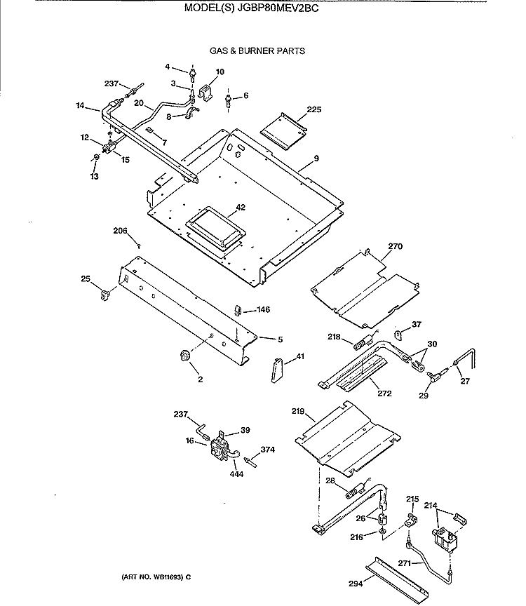 GAS & BURNER PARTS Diagram and Parts List for JGBP80MEV2BC  General Electric Range