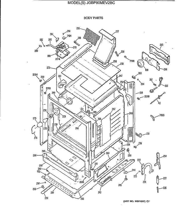 BODY PARTS Diagram and Parts List for JGBP80MEV2BC  General Electric Range