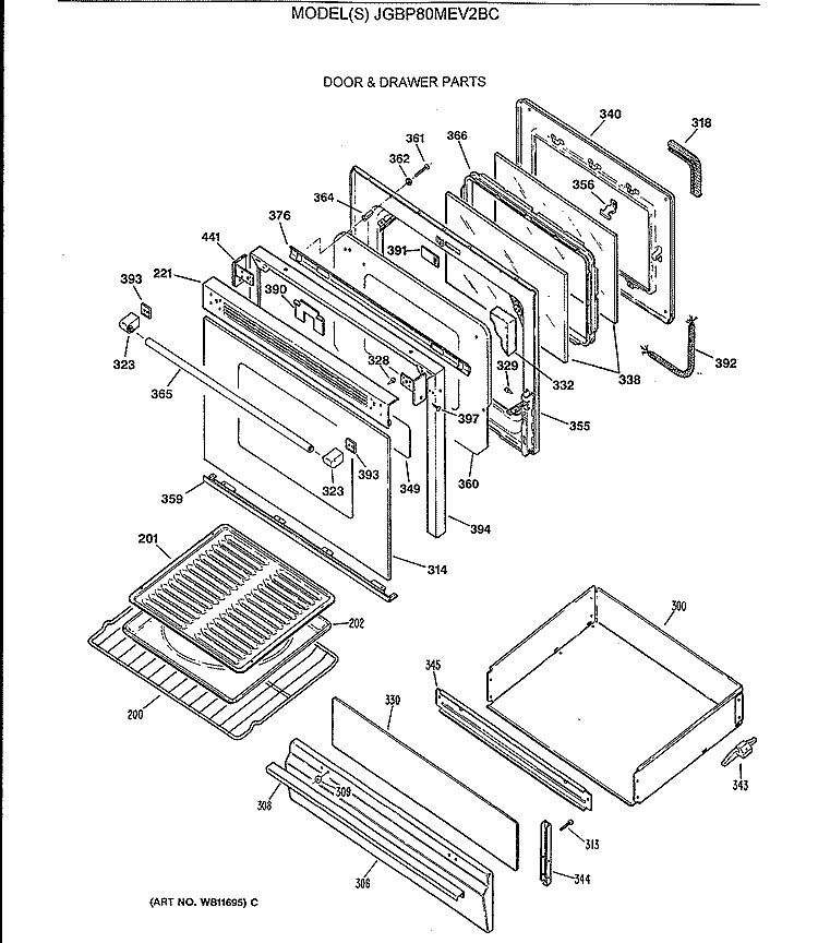 DOOR & DRAWER PARTS Diagram and Parts List for JGBP80MEV2BC  General Electric Range