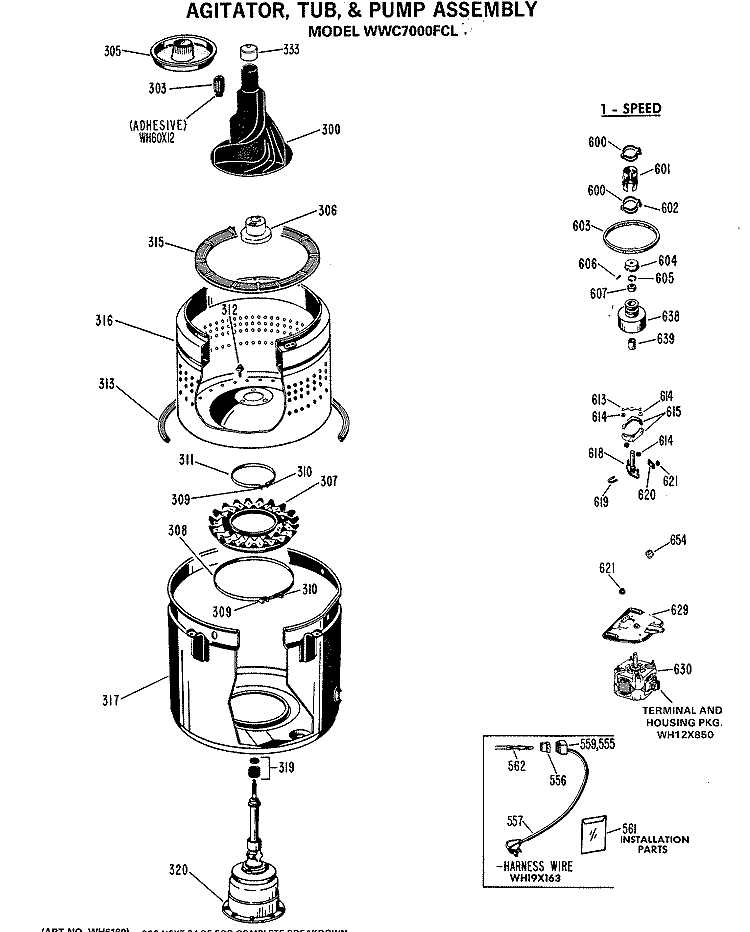 AGITATOR, TUB, & PUMP ASSEMBLY Diagram and Parts List for WWC7000FCL  General Electric Washer