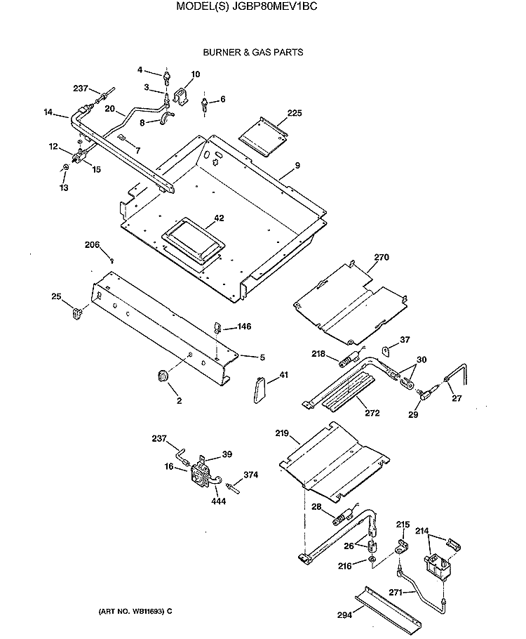 BURNER & GAS PARTS Diagram and Parts List for JGBP80MEV1BC  General Electric Range