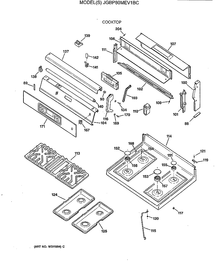 COOKTOP Diagram and Parts List for JGBP80MEV1BC  General Electric Range