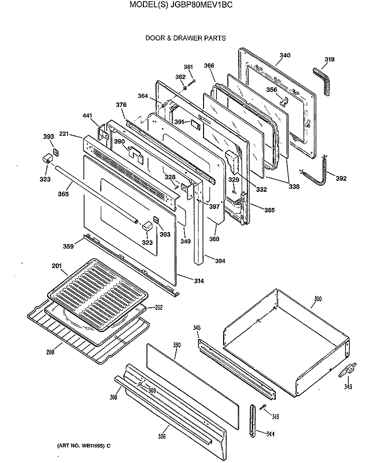 DOOR & DRAWER PARTS Diagram and Parts List for JGBP80MEV1BC  General Electric Range