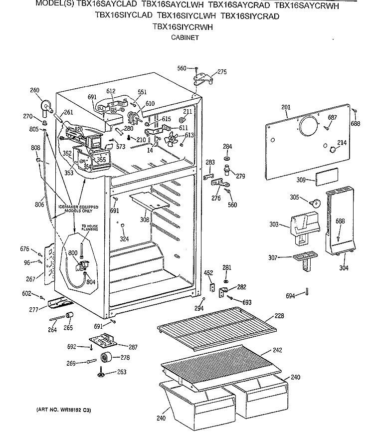 CABINET Diagram and Parts List for TBX16SIYCRAD  General Electric Refrigerator