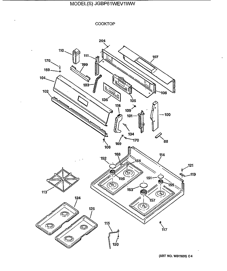 COOKTOP Diagram and Parts List for JGBP61WEV1WW  General Electric Range