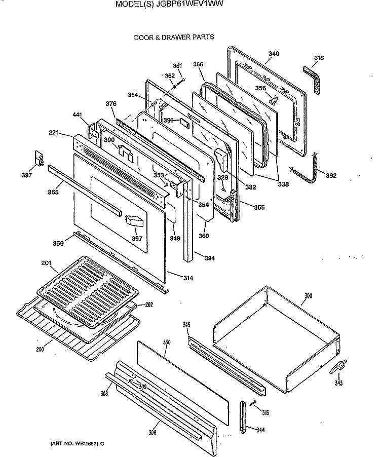 DOOR & DRAWER PARTS Diagram and Parts List for JGBP61WEV1WW  General Electric Range