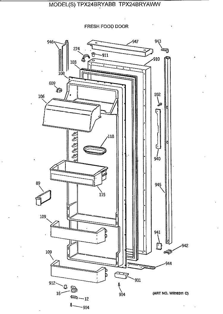 FRESH FOOD DOOR Diagram and Parts List for TPX24BRYABB  General Electric Refrigerator