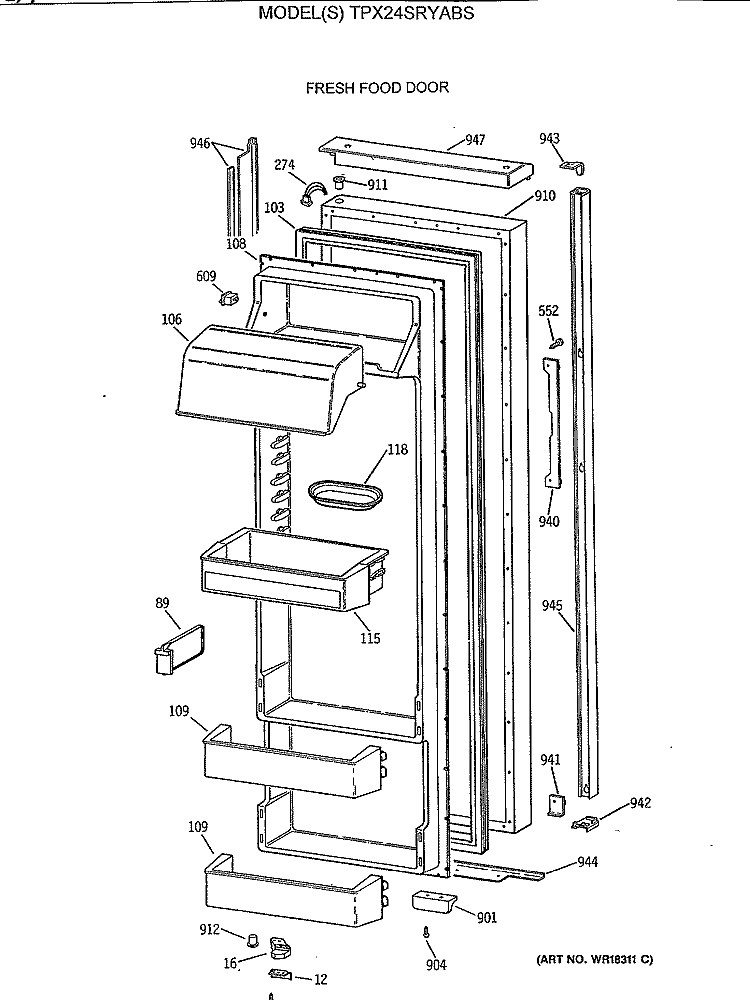 FRESH FOOD DOOR Diagram and Parts List for TPX24SRYABS  General Electric Refrigerator
