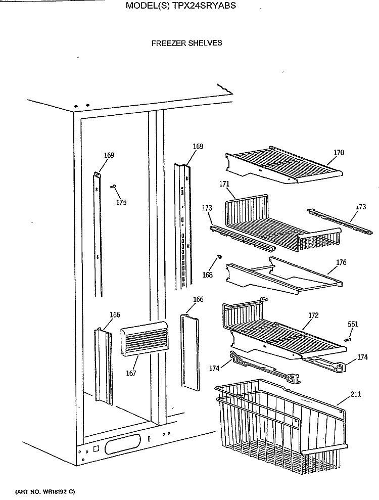 FREEZER SHELVES Diagram and Parts List for TPX24SRYABS  General Electric Refrigerator