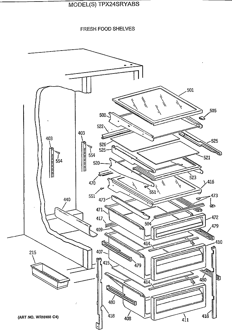 FRESH FOOD SHELVES Diagram and Parts List for TPX24SRYABS  General Electric Refrigerator