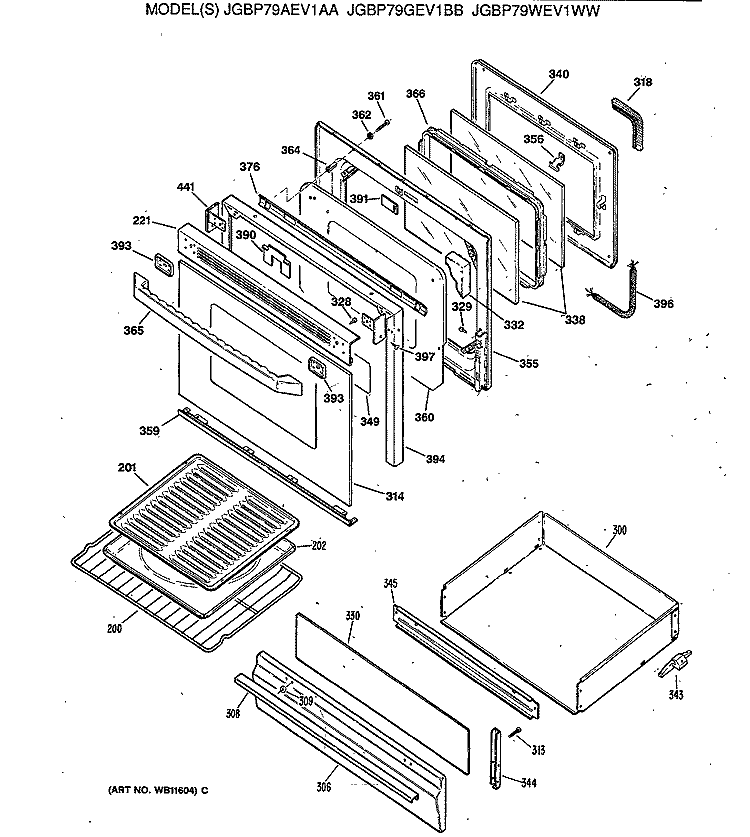 Section Diagram and Parts List for JGBP79AEV1AA  General Electric Range