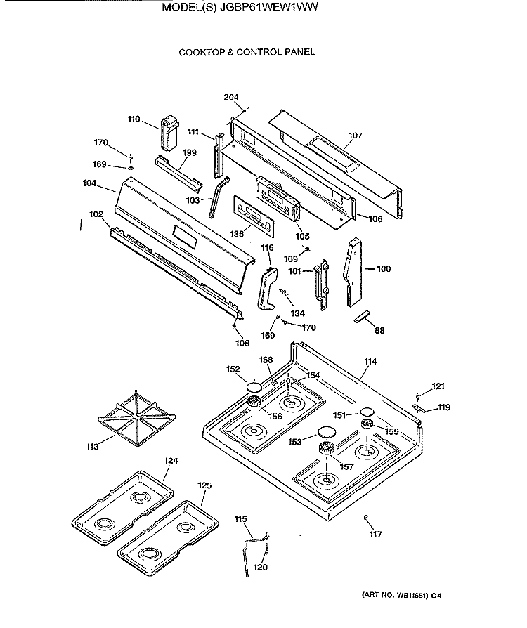 COOKTOP & CONTROL PANEL Diagram and Parts List for JGBP61WEW1WW  General Electric Range