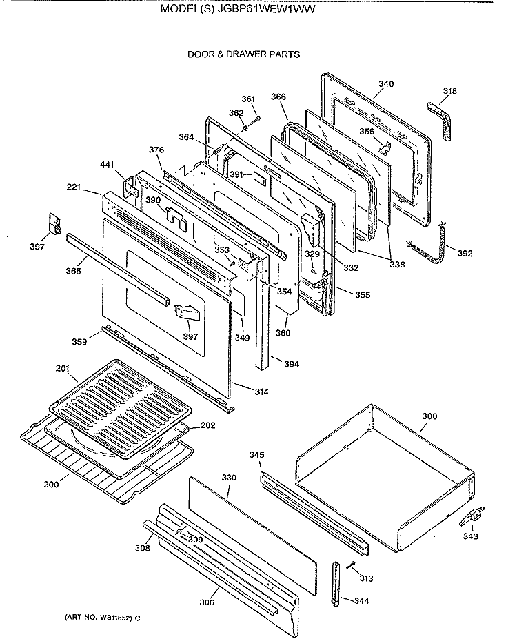 DOOR & DRAWER PARTS Diagram and Parts List for JGBP61WEW1WW  General Electric Range