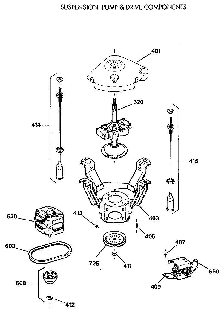 SUSPENSION, PUMP & DRIVE COMPONENTS Diagram and Parts List for VVXR1040T2AB  Hotpoint Washer