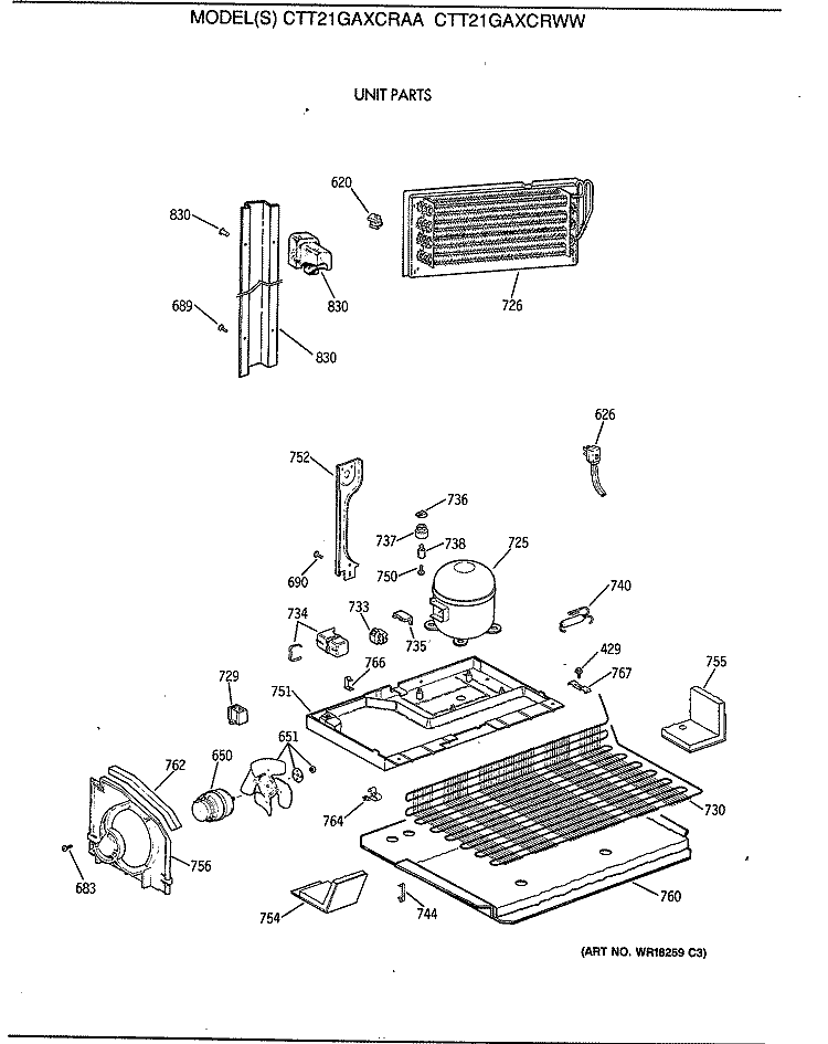 UNIT PARTS Diagram and Parts List for CTT21GAXCRAA  Hotpoint Refrigerator