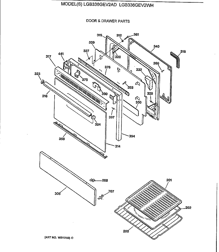 DOOR & DRAWER PARTS Diagram and Parts List for LGB336GEV2WH  General Electric Range