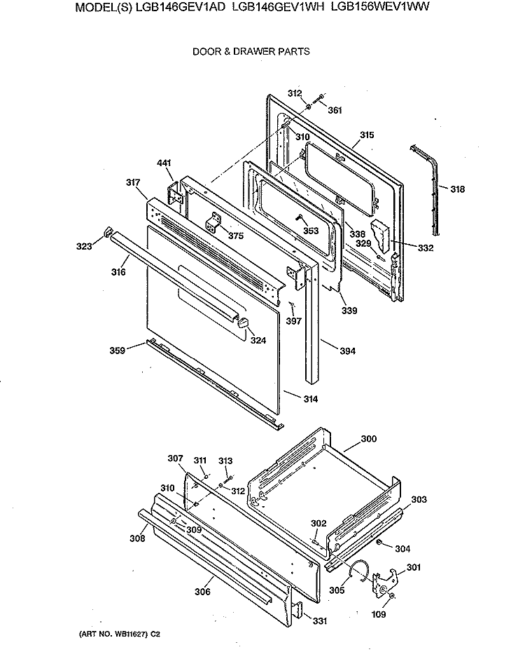 DOOR & DRAWER PARTS Diagram and Parts List for LGB146GEV1AD  General Electric Range