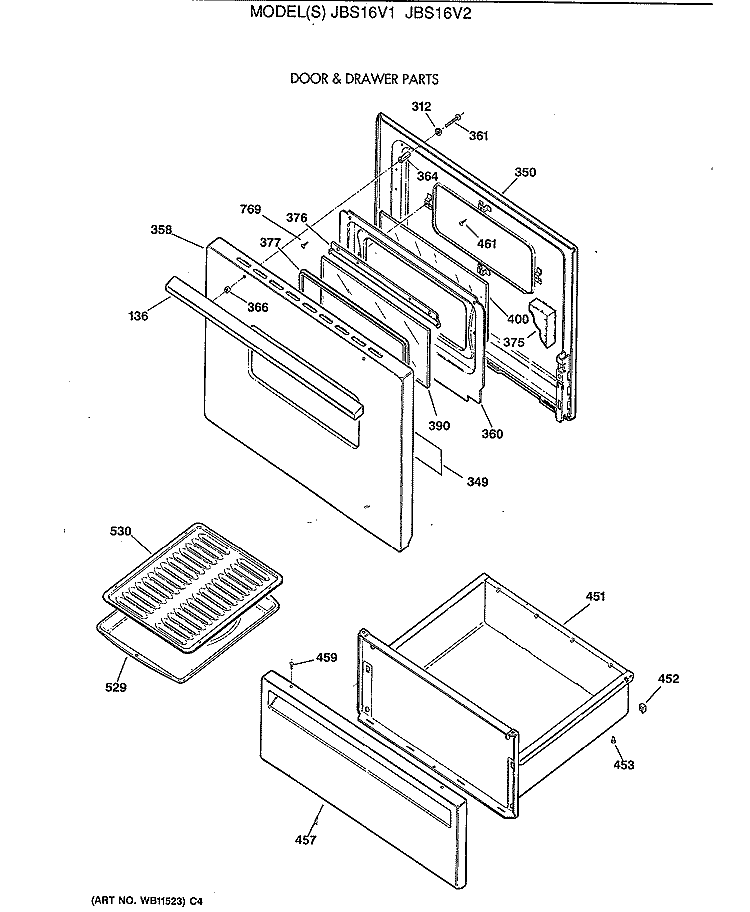 DOOR & DRAWER PARTS Diagram and Parts List for JBS16V2  General Electric Range