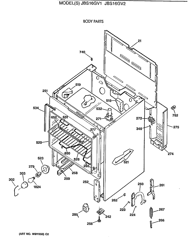 BODY PARTS Diagram and Parts List for JBS16GV2  General Electric Range