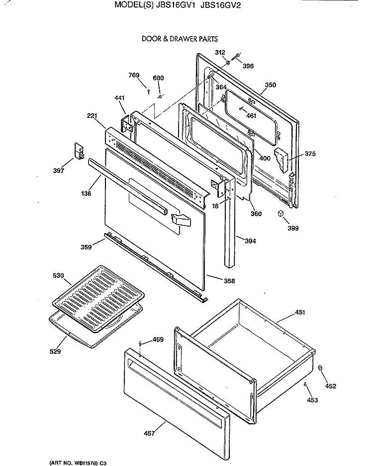 DOOR & DRAWER PARTS Diagram and Parts List for JBS16GV2  General Electric Range
