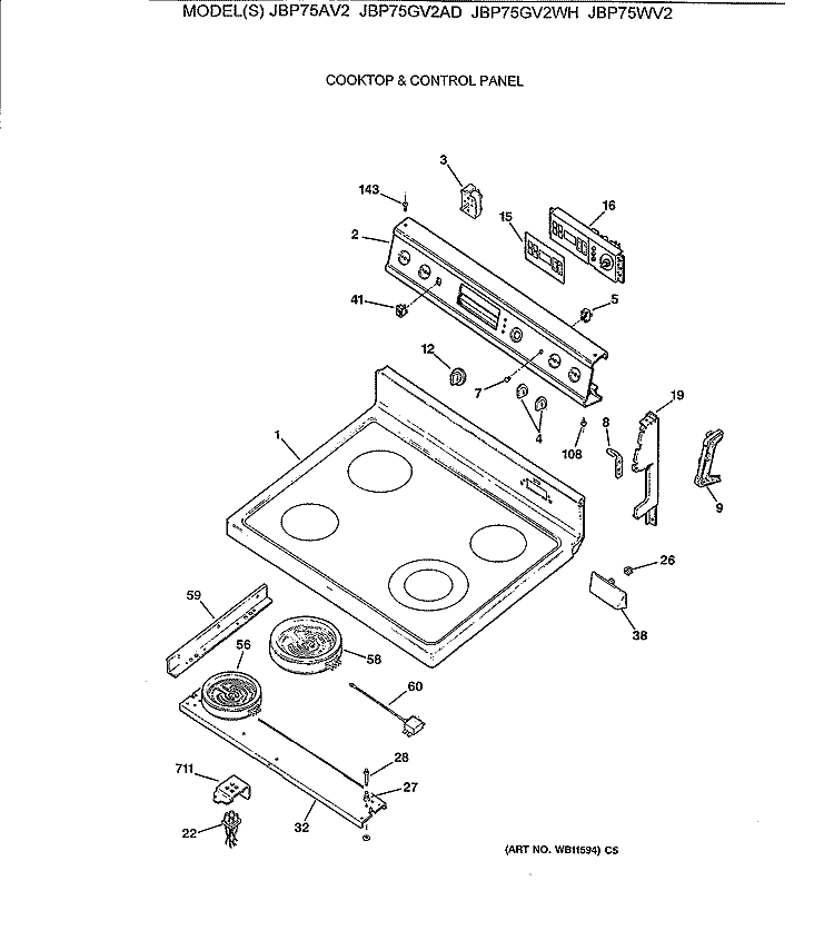 COOKTOP & CONTROL PANEL Diagram and Parts List for JBP75GV2WH  General Electric Range