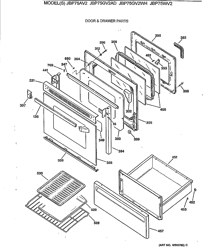 DOOR & DRAWER PARTS Diagram and Parts List for JBP75GV2WH  General Electric Range